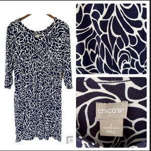 Chico's Women’s Shift Dress Navy White Floral Geometric 3/4 Sleeve Size 12/14
